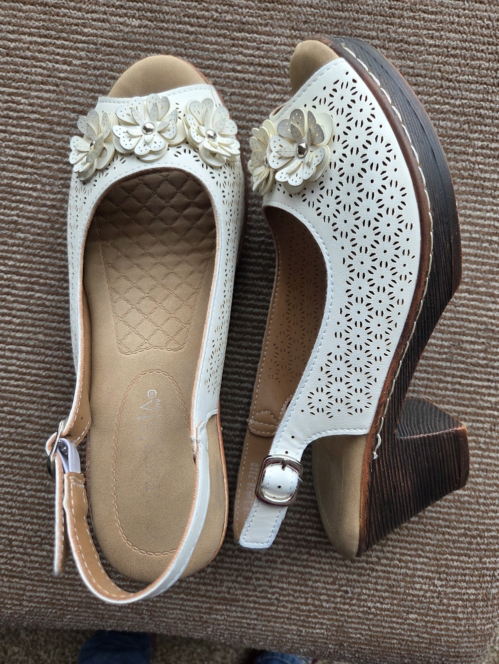 Spring Step White Floral Perforated Slingback Wedges
